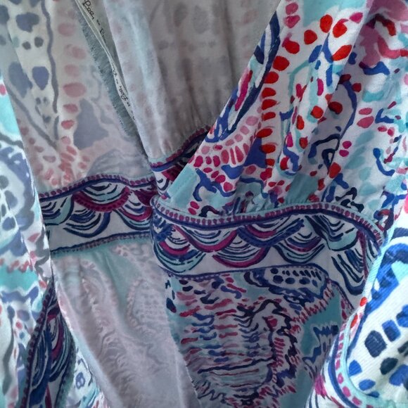 EUC Lilly Pulitzer BELLINA WRAP DRESS Shell Me About It Blue Pink Women's Large - Picture 5 of 12